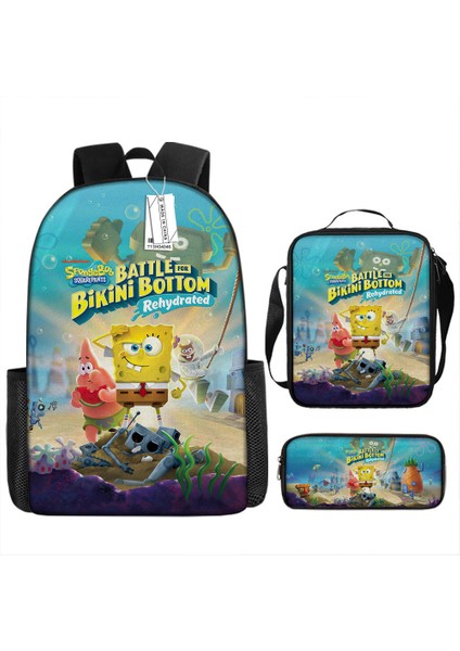 Sünger Bob Kare Pantolon Çocuk Okul Çantası Erkek ve Kadın Öğrenciler Omuz Çantası Anaokulu Sevimli Karikatür Kalem Çantası Crossbody Çanta Üç Set (Yurt Dışından)