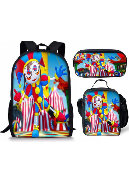 Muhteşem Dijital Sirk Ilkokul Öğrenci Okul Çantası Omuz Çantası Crossbody Çanta Üç Parça Set (Yurt Dışından)