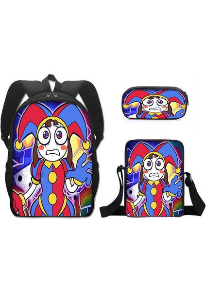 Muhteşem Dijital Sirk Ilkokul Öğrenci Okul Çantası Omuz Çantası Crossbody Çanta Üç Parça Set (Yurt Dışından)