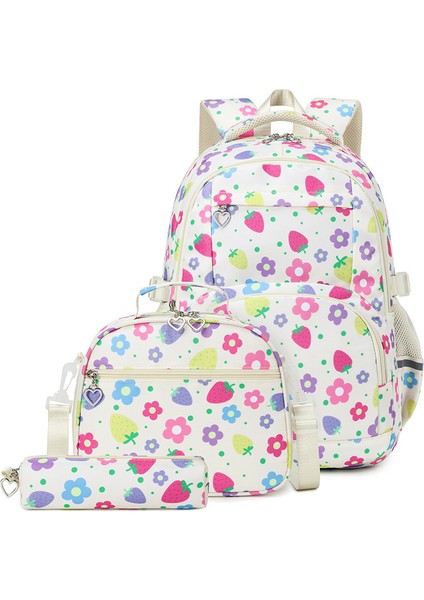 Üç Set Orta Üniversite Öğrencisi Okul Çantası Kadın Çilek Çiçek Baskı Naylon Büyük Kapasiteli Omuz Sırtları (Yurt Dışından)