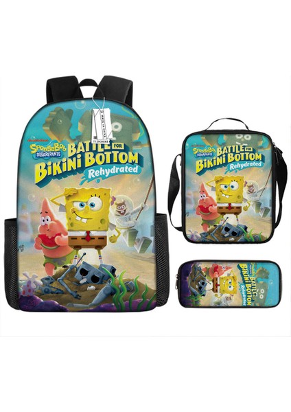 Sünger Bob Kare Pantolon Çocuk Okul Çantası Erkek ve Kadın Öğrenciler Omuz Çantası Anaokulu Sevimli Karikatür Kalem Çantası Crossbody Çanta Üç Set (Yurt Dışından)