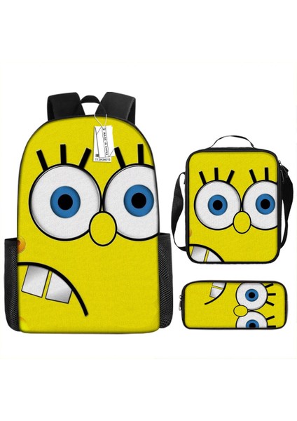 Sünger Bob Kare Pantolon Çocuk Okul Çantası Erkek ve Kadın Öğrenciler Omuz Çantası Anaokulu Sevimli Karikatür Kalem Çantası Crossbody Çanta Üç Set (Yurt Dışından)