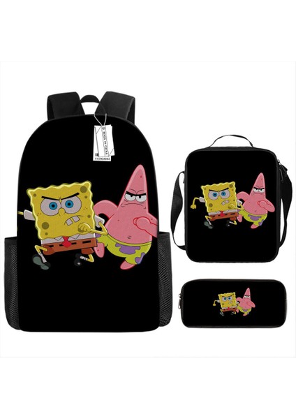 Sünger Bob Kare Pantolon Çocuk Okul Çantası Erkek ve Kadın Öğrenciler Omuz Çantası Anaokulu Sevimli Karikatür Kalem Çantası Crossbody Çanta Üç Set (Yurt Dışından)
