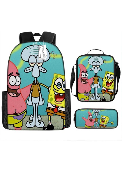 Sünger Bob Kare Pantolon Çocuk Okul Çantası Erkek ve Kadın Öğrenciler Omuz Çantası Anaokulu Sevimli Karikatür Kalem Çantası Crossbody Çanta Üç Set (Yurt Dışından)