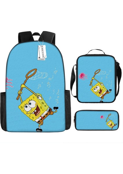Sünger Bob Kare Pantolon Çocuk Okul Çantası Erkek ve Kadın Öğrenciler Omuz Çantası Anaokulu Sevimli Karikatür Kalem Çantası Crossbody Çanta Üç Set (Yurt Dışından)