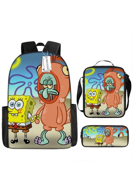 Sünger Bob Kare Pantolon Çocuk Okul Çantası Erkek ve Kadın Öğrenciler Omuz Çantası Anaokulu Sevimli Karikatür Kalem Çantası Crossbody Çanta Üç Set (Yurt Dışından)