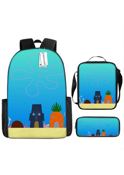 Sünger Bob Kare Pantolon Çocuk Okul Çantası Erkek ve Kadın Öğrenciler Omuz Çantası Anaokulu Sevimli Karikatür Kalem Çantası Crossbody Çanta Üç Set (Yurt Dışından)