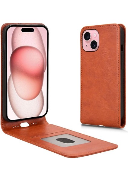 iPhone 15 Plus Lüks Dikey Yukarı ve Aşağı Döndürülebilir Kart Yuvası Deri Telefon Kılıfı Koruma Kabuğu (Yurt Dışından)