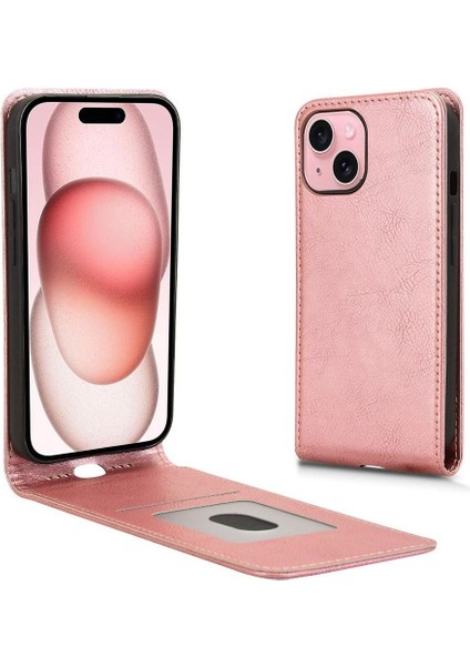 iPhone 15 Plus Lüks Dikey Yukarı ve Aşağı Döndürülebilir Kart Yuvası Deri Telefon Kılıfı Koruma Kabuğu (Yurt Dışından)