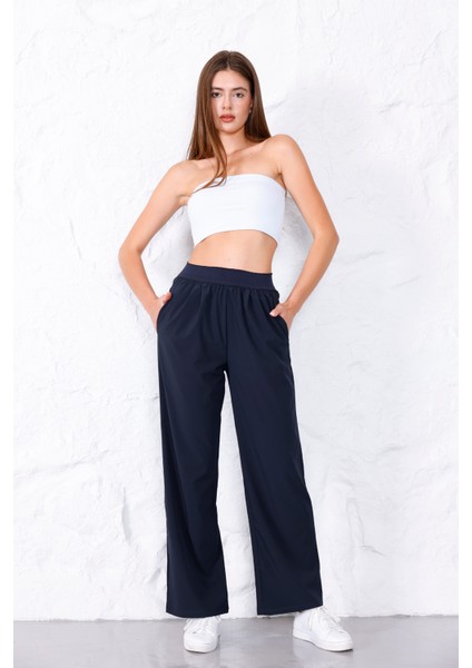 Kadın Lacivert Paraşüt Beli Lastikli Yüksel Bel Cepli Likralı Dokuma Bol Paça Pantolon - 3057 modelleri