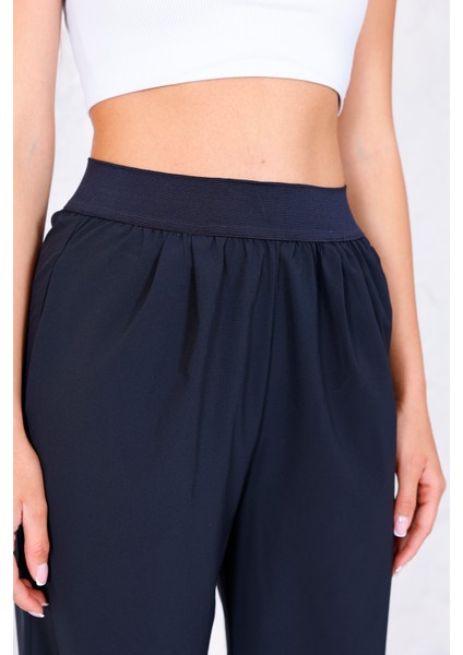 Kadın Lacivert Paraşüt Beli Lastikli Yüksel Bel Cepli Likralı Dokuma Bol Paça Pantolon - 3057