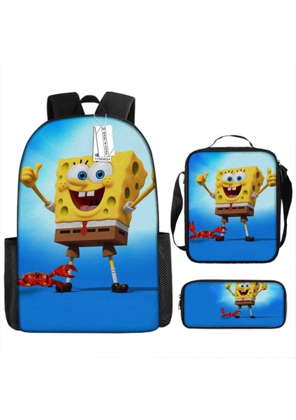 Sünger Bob Kare Pantolon Çocuk Okul Çantası Erkek ve Kadın Öğrenciler Omuz Çantası Anaokulu Sevimli Karikatür Kalem Çantası Crossbody Çanta Üç Set (Yurt Dışından)