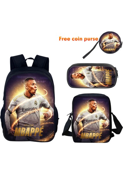Mbappe Periferik Çocuk Sırt Çantası Ilkokul ve Ortaokul Öğrencileri El Çantası Kalem Çantası Üç Parça Set (Yurt Dışından)