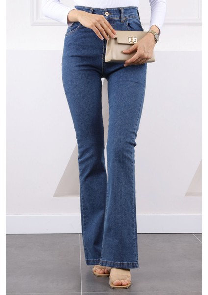 Mavi Yüksek Bel Ispanyol Paça Jeans Pantolon