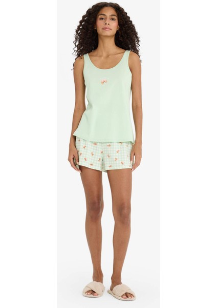 Regular Fit Pijama Takımı Kolsuz Baskılı Üst Beli Lastikli Şort-Fall in Love F1621AX25SM