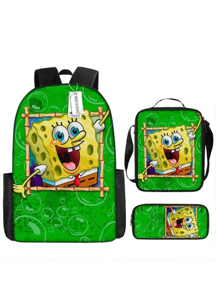 Sünger Bob Kare Pantolon Çocuk Okul Çantası Erkek ve Kadın Öğrenciler Omuz Çantası Anaokulu Sevimli Karikatür Kalem Çantası Crossbody Çanta Üç Set (Yurt Dışından)