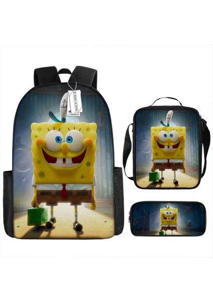 Sünger Bob Kare Pantolon Çocuk Okul Çantası Erkek ve Kadın Öğrenciler Omuz Çantası Anaokulu Sevimli Karikatür Kalem Çantası Crossbody Çanta Üç Set (Yurt Dışından)