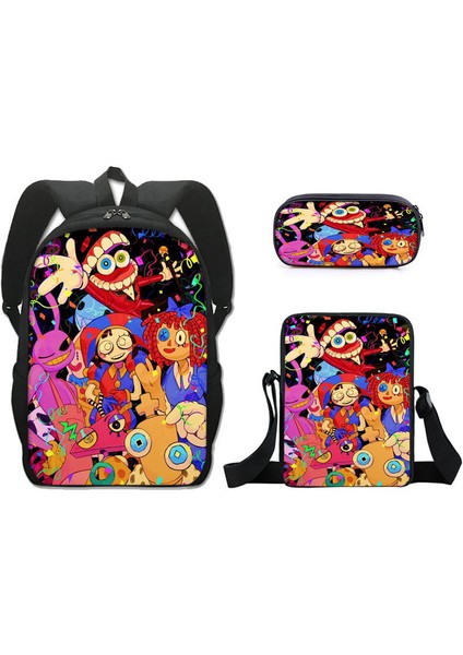 Muhteşem Dijital Sirk Ilkokul Öğrenci Okul Çantası Omuz Çantası Crossbody Çanta Üç Parça Set (Yurt Dışından)