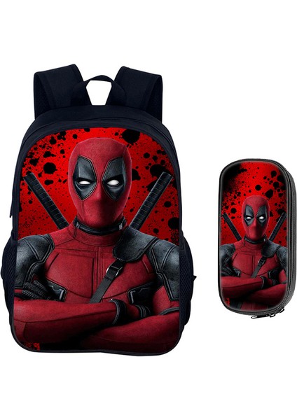 Deadpool Karikatür Çocuk Okul Çantası Kalem Çantası Ilkokul Öğrencileri Omuz Çantası Büyük Kapasiteli Iki Parçalı Set (Yurt Dışından)