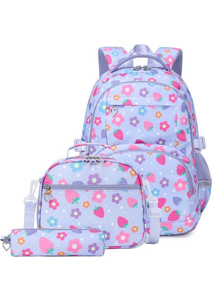 Üç Set Orta Üniversite Öğrencisi Okul Çantası Kadın Çilek Çiçek Baskı Naylon Büyük Kapasiteli Omuz Sırtları (Yurt Dışından)