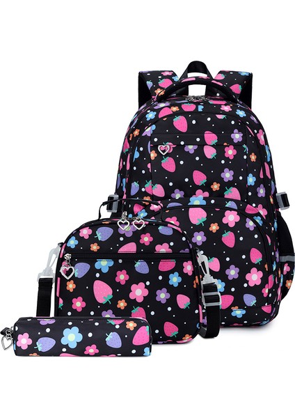 Üç Set Orta Üniversite Öğrencisi Okul Çantası Kadın Çilek Çiçek Baskı Naylon Büyük Kapasiteli Omuz Sırtları (Yurt Dışından)