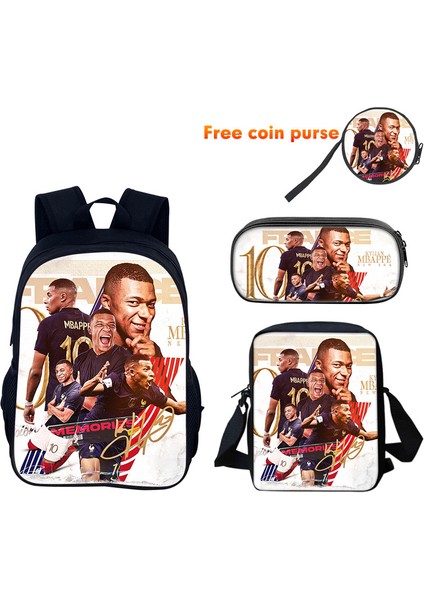Mbappe Periferik Çocuk Sırt Çantası Ilkokul ve Ortaokul Öğrencileri El Çantası Kalem Çantası Üç Parça Set (Yurt Dışından)