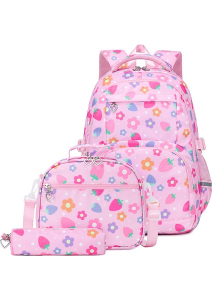 Üç Set Orta Üniversite Öğrencisi Okul Çantası Kadın Çilek Çiçek Baskı Naylon Büyük Kapasiteli Omuz Sırtları (Yurt Dışından)