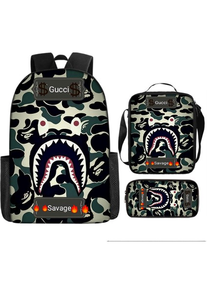 Köpekbalığı Üç Parçalı Okul Çantası Karikatür Ilkokul Öğrencileri Omuz Çantası Kalem Çantası Yüz Bir (Yurt Dışından)