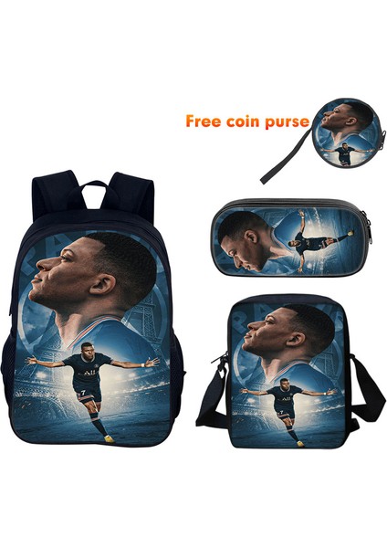 Mbappe Periferik Çocuk Sırt Çantası Ilkokul ve Ortaokul Öğrencileri El Çantası Kalem Çantası Üç Parça Set (Yurt Dışından)