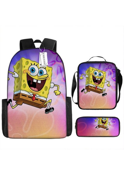 Sünger Bob Kare Pantolon Çocuk Okul Çantası Erkek ve Kadın Öğrenciler Omuz Çantası Anaokulu Sevimli Karikatür Kalem Çantası Crossbody Çanta Üç Set (Yurt Dışından)