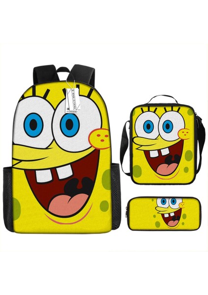 Sünger Bob Kare Pantolon Çocuk Okul Çantası Erkek ve Kadın Öğrenciler Omuz Çantası Anaokulu Sevimli Karikatür Kalem Çantası Crossbody Çanta Üç Set (Yurt Dışından)