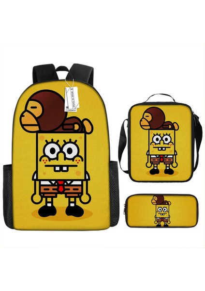 Sünger Bob Kare Pantolon Çocuk Okul Çantası Erkek ve Kadın Öğrenciler Omuz Çantası Anaokulu Sevimli Karikatür Kalem Çantası Crossbody Çanta Üç Set (Yurt Dışından)