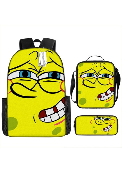 Sünger Bob Kare Pantolon Çocuk Okul Çantası Erkek ve Kadın Öğrenciler Omuz Çantası Anaokulu Sevimli Karikatür Kalem Çantası Crossbody Çanta Üç Set (Yurt Dışından)