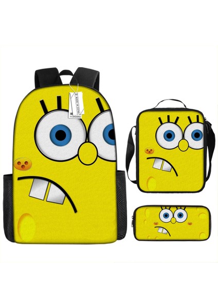 Sünger Bob Kare Pantolon Çocuk Okul Çantası Erkek ve Kadın Öğrenciler Omuz Çantası Anaokulu Sevimli Karikatür Kalem Çantası Crossbody Çanta Üç Set (Yurt Dışından)