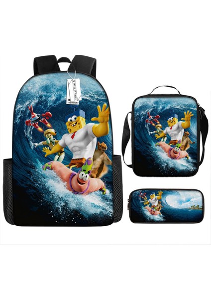 Sünger Bob Kare Pantolon Çocuk Okul Çantası Erkek ve Kadın Öğrenciler Omuz Çantası Anaokulu Sevimli Karikatür Kalem Çantası Crossbody Çanta Üç Set (Yurt Dışından)