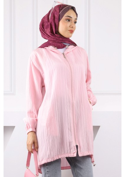 Pembe Kapüşonlu Fermuarlı Kap