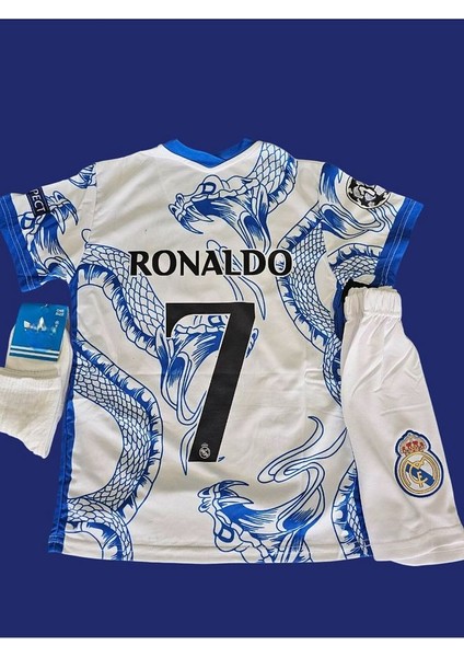 Real Madrid C.ronaldo Mavi-Beyaz Dragon Desenli Çocuk Forması modelleri