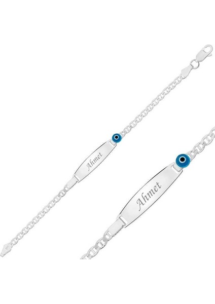 Gümüş Mavi Boncuklu Plaka Çocuk Bileklik