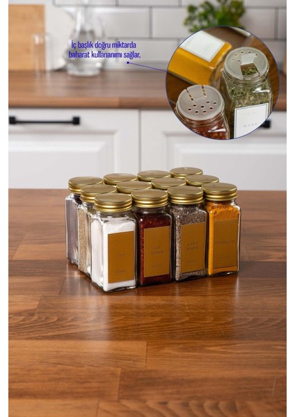 12'li Cam Baharatlık Seti Gold Kapaklı Etiketli Baharatlık Takımı MH00GLD12 fiyatları