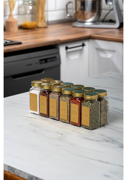 12'li Cam Baharatlık Seti Gold Kapaklı Etiketli Baharatlık Takımı MH00GLD12 modelleri