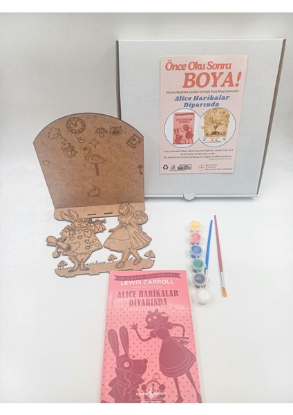 Alice Harikalar Diyarında Ahşap Boyama Aktivite Seti, Kitap Hediyeli Önce Oku Sonra Boya