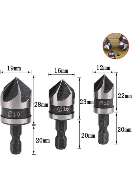 Iki Set x 3 Adet [12/16/19MM] Altıgen Saplı Beş Kenarlı Pah Kırma Aletleri 90 Derece Delik Açıcı Ahşap Için Pah Kırma Aleti (Yurt Dışından) modelleri