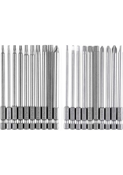 Bit Seti Uzun, Manyetik Bit Seti 20 Adet 100MM, Torx Bit T8-T40, Altıgen Bit H2-H6, Ph1 Ph2, Pz2, Yivli Bit, 1/4 Inç Altıgen (Yurt Dışından)