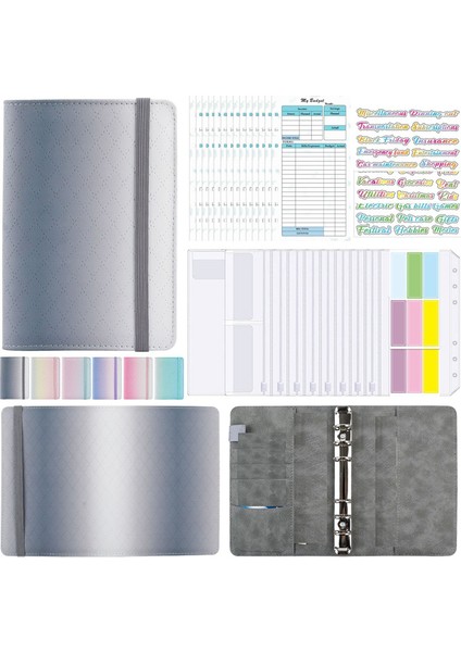 A6 Gradient Makaron Ciltli El Defteri Deri Pu Gevşek Yapraklı Defter Nakit Bütçe Fermuarlı Çanta, Gri (Yurt Dışından)