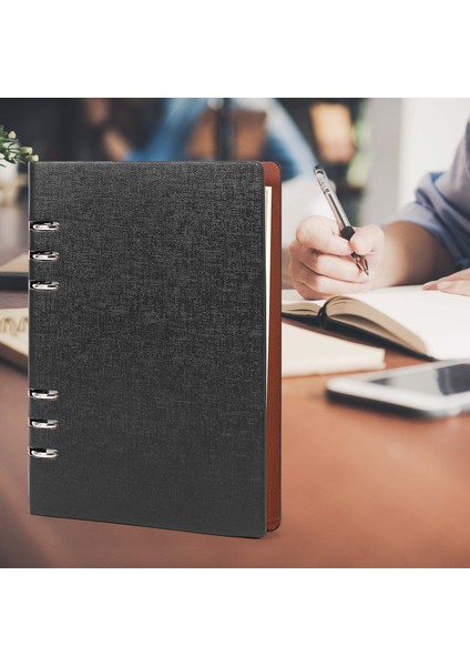 A5 Defter 6 Delikli Pu Deri Kapak Gevşek Cep Yeniden Doldurulabilir Cilt Halkaları Günlük (Siyah) (Yurt Dışından)