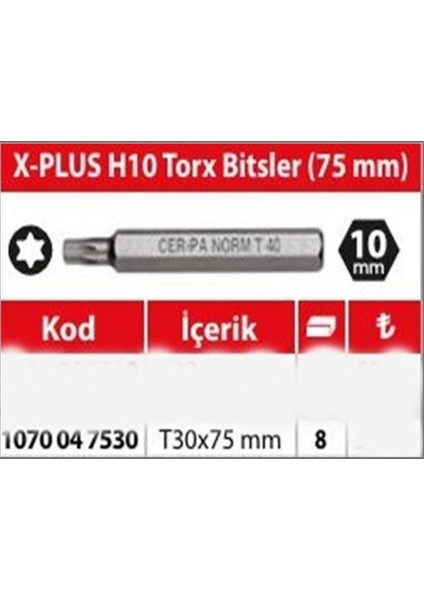 Tork Uçlu Bits - H10 T30X75MM - 8 Adet