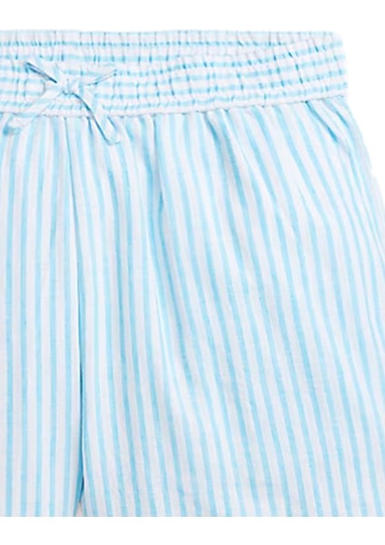 Mavi Çizgili Unisex Çocuk Keten Şort