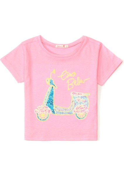 Pembe Payet Işlemeli Kız Çocuk T-Shirt