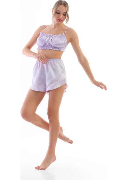 Lila Saten Omuz Bağlamalı Kadın Askılı Pijama Takımı modelleri