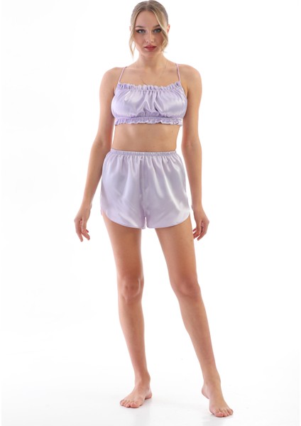 Lila Saten Omuz Bağlamalı Kadın Askılı Pijama Takımı indirimleri